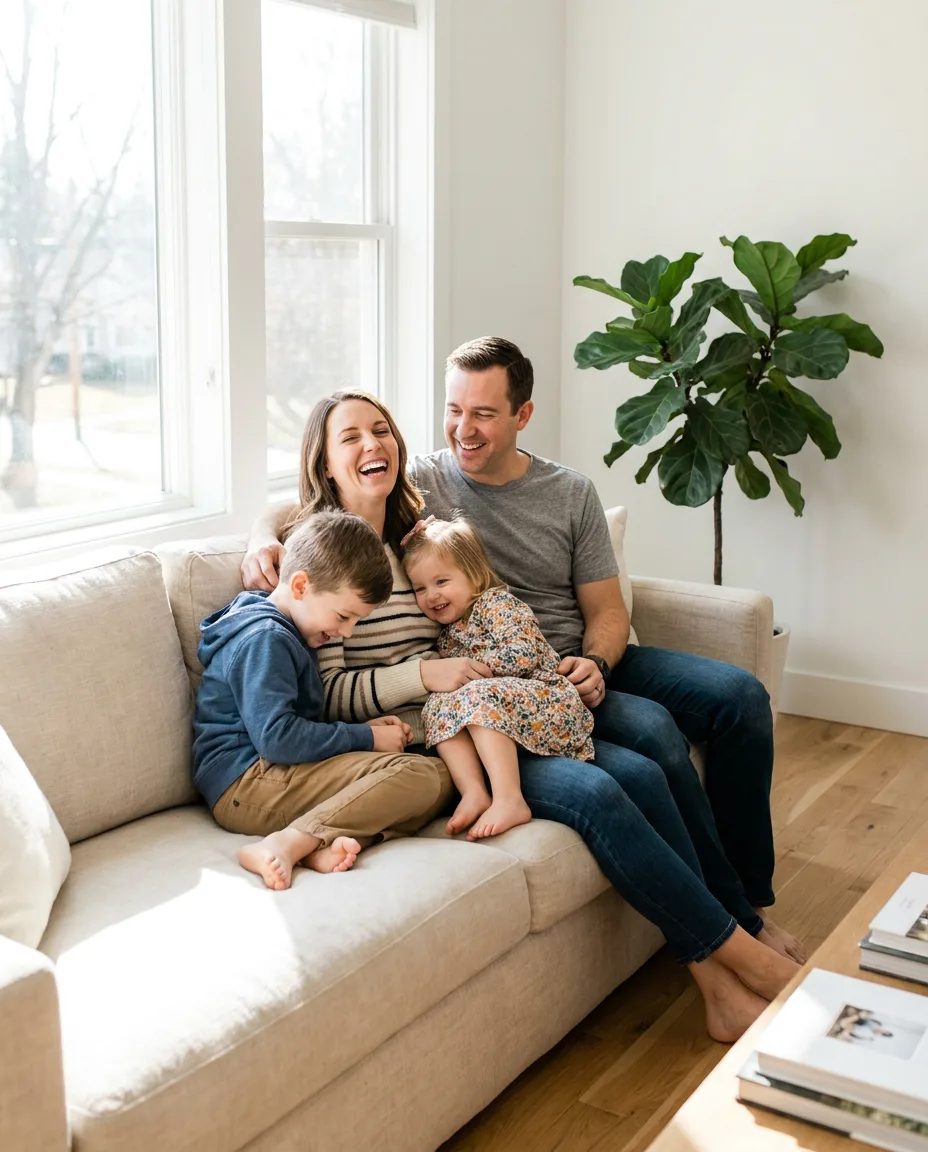 A happy family relaxing at home