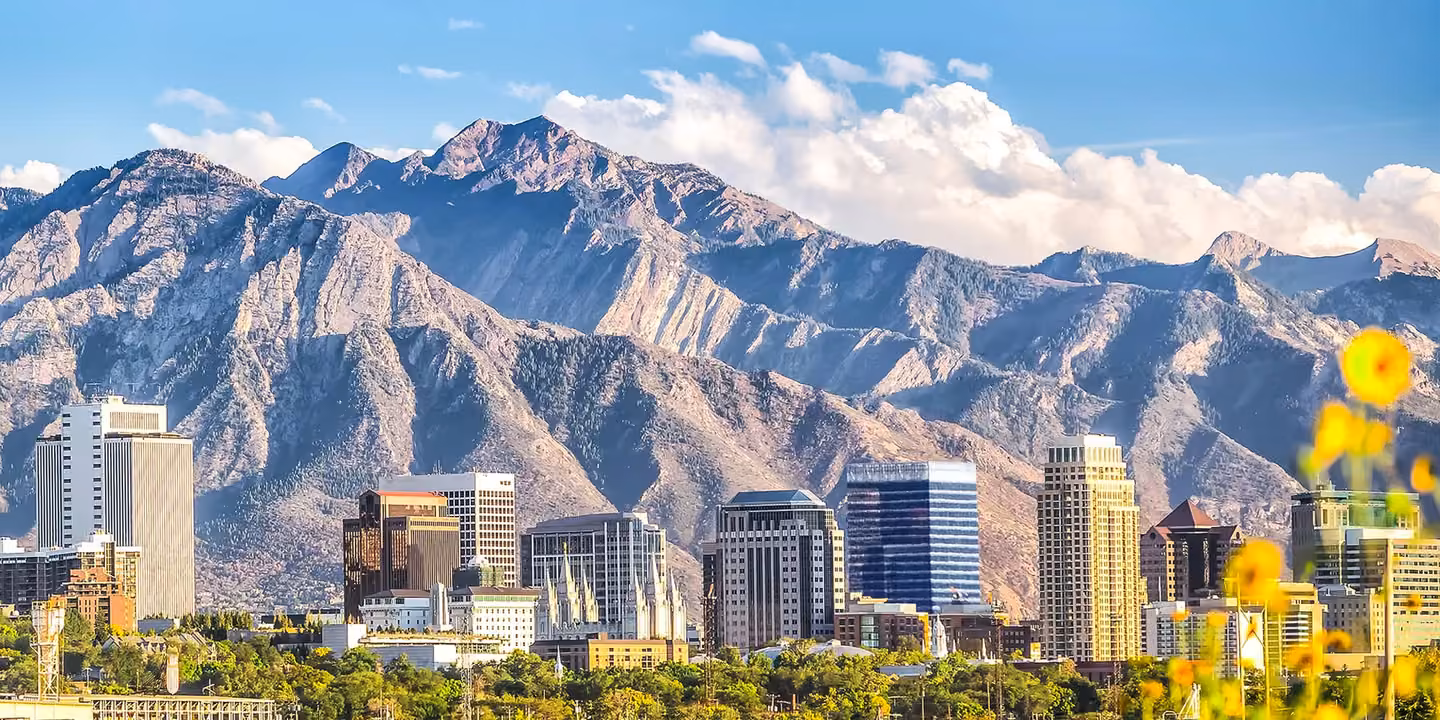 Salt Lake City skyline with the Wasatch Range behind it
